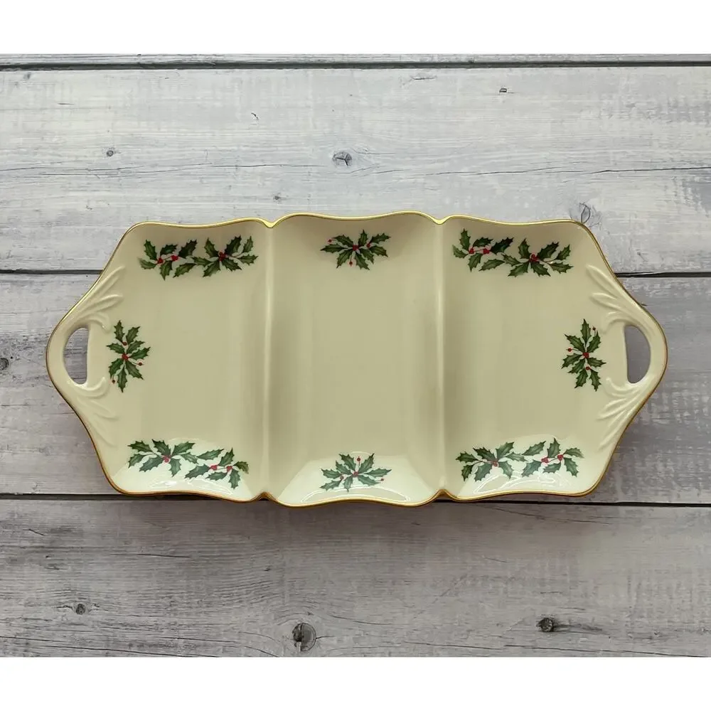 Lenox Holiday Dimension Christmas Relish Tray Divided Rectangular Holly Berries